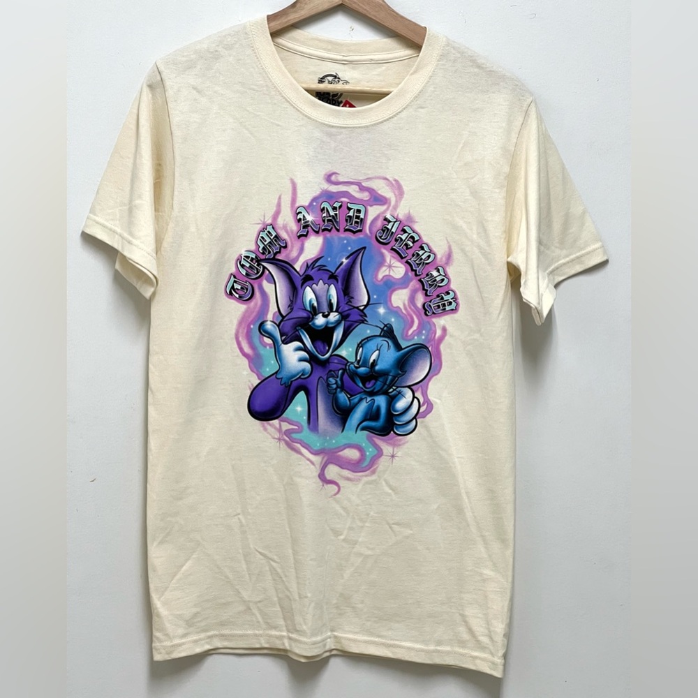 Tom & Jerry Men's Cotton Cream T-Shirt Tom & Jerry Purple Ink Print Size S NWT